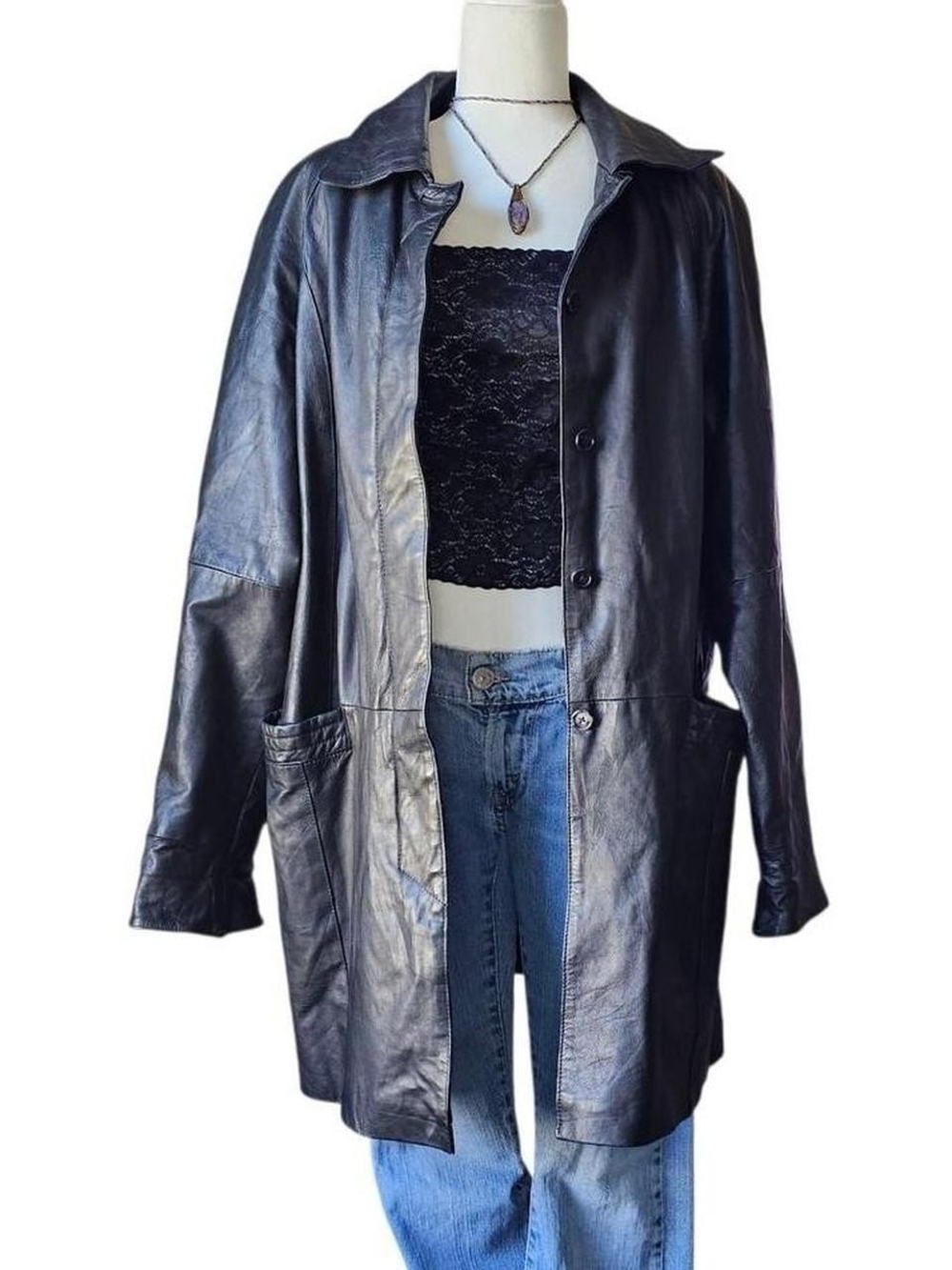 Vintage Black Long Leather Button-Front Coat Gothic Grunge- Medium